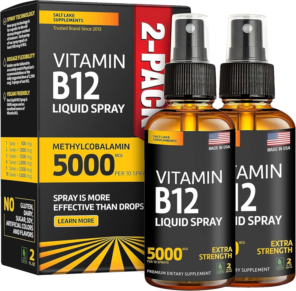 (2 balenia) - Tekutý B12 sprej 5000 mcg - Vitamín B12 Sublingválny - Vegánsky B12 vitamínový sprej - metylkobalamín Vitamín B12 Tekuté Boosts Energy & Mood - bez lepidla a bez GMO