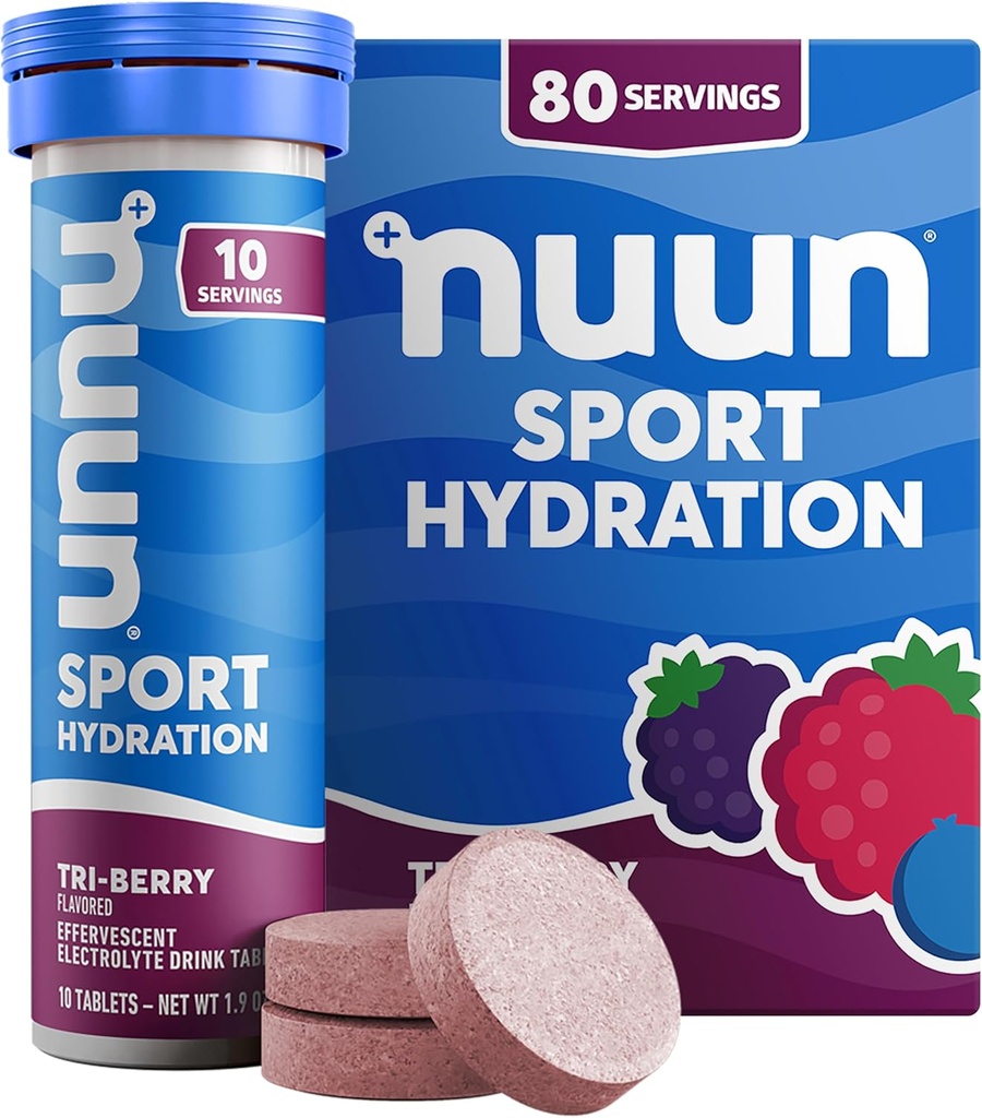 Nuun Sport Electrolyte tablety s horčíkom, vápnikom, draslíkom, chloridom a sodíkom, bezlepkom a vegánom, tri-Berry, 8 balení (80 dávok celkom)