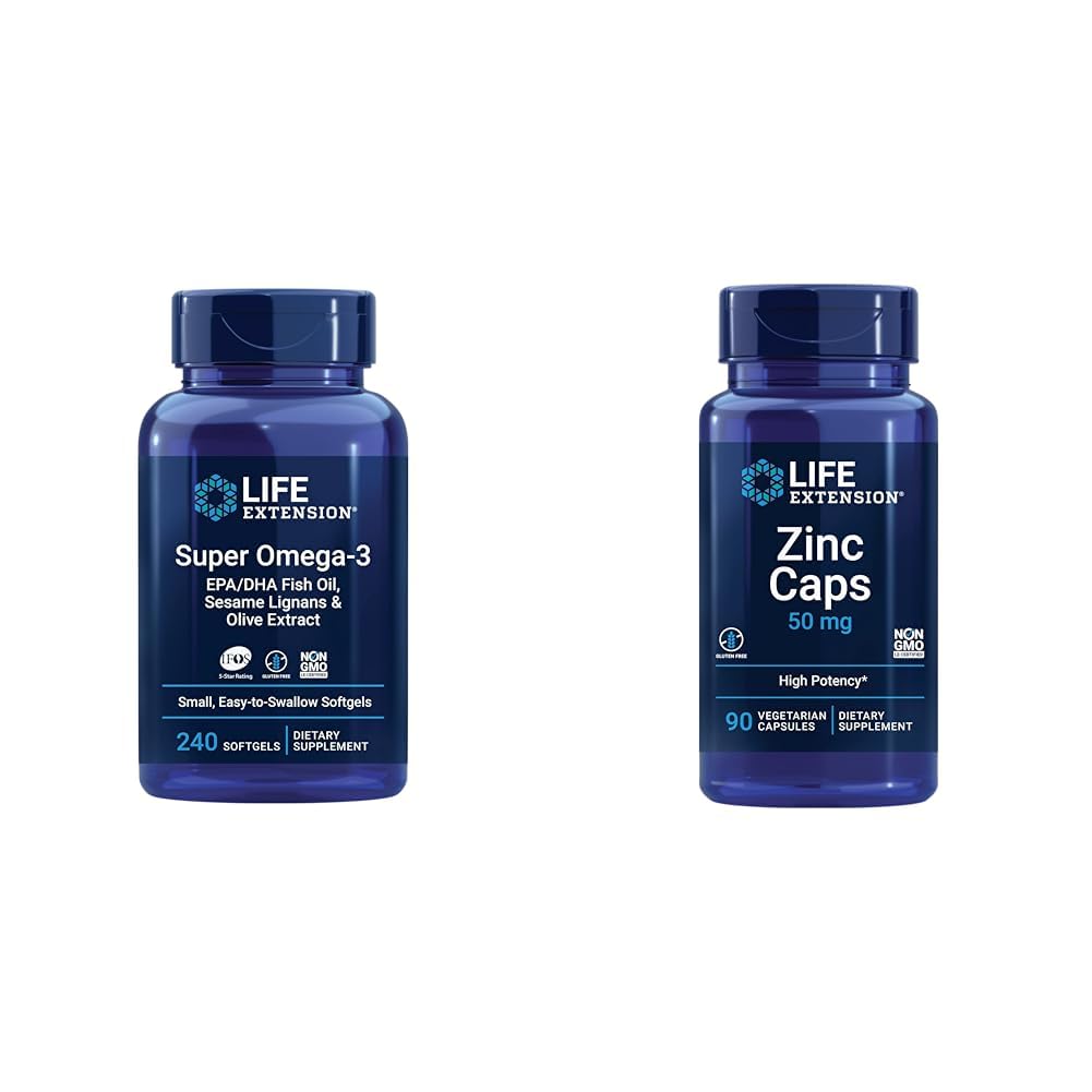 Life Extension Super Omega-3 EPA/DHA Fish Oil, sezam Lignans & Olive Extract - Omega 3 Supplement & Zinkové viečka, zinok 50 mg, zinok Citrát, Podpora Imunitná obrana tela