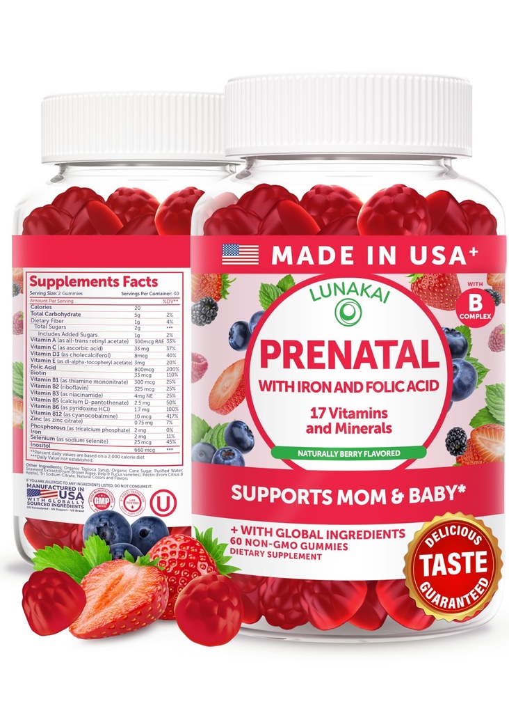 Lunakai USA Vyrobené prenatálne vitamíny so železom a kyselinou listovou - lahodné tehotenstvo Multivitamínové Gummy pre ženy, 60 grófov