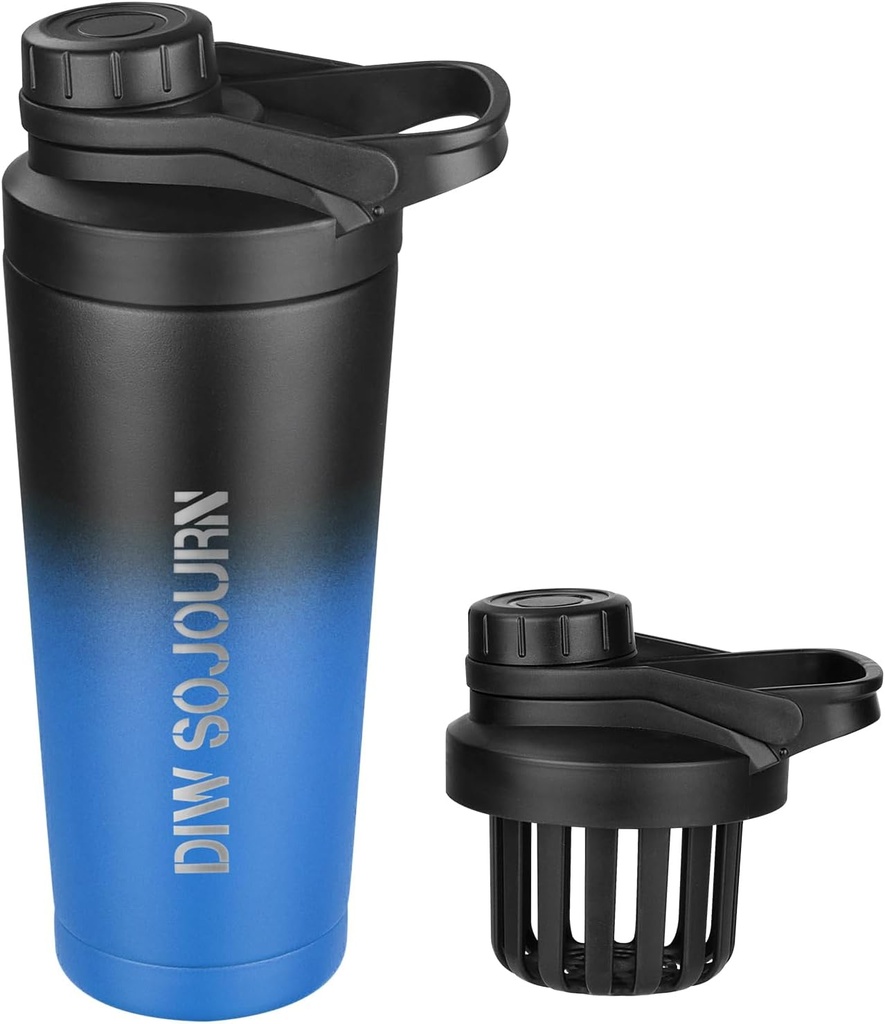 DIW 24 oz Shaker fľaša, neutícha oceľ Mix fľaša s bezhlukovým dizajnom, izolovaný kovový trepačkový pohár pre proteínové zmesi a pred tréningom, Gym pohár Shaker (čierna a modrá)