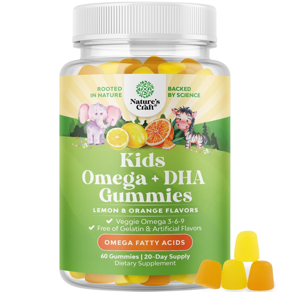 Deti DHA Omega 3 Gummy - Mastné kyseliny Omega 3 6 9 pre mozog, imúnna sila a vízia - Nutričná DHA pre deti pre zdravý nervový systém a podporu zaostrenia - ryby zadarmo, Vegan a non-GMO - 60 žuvačky