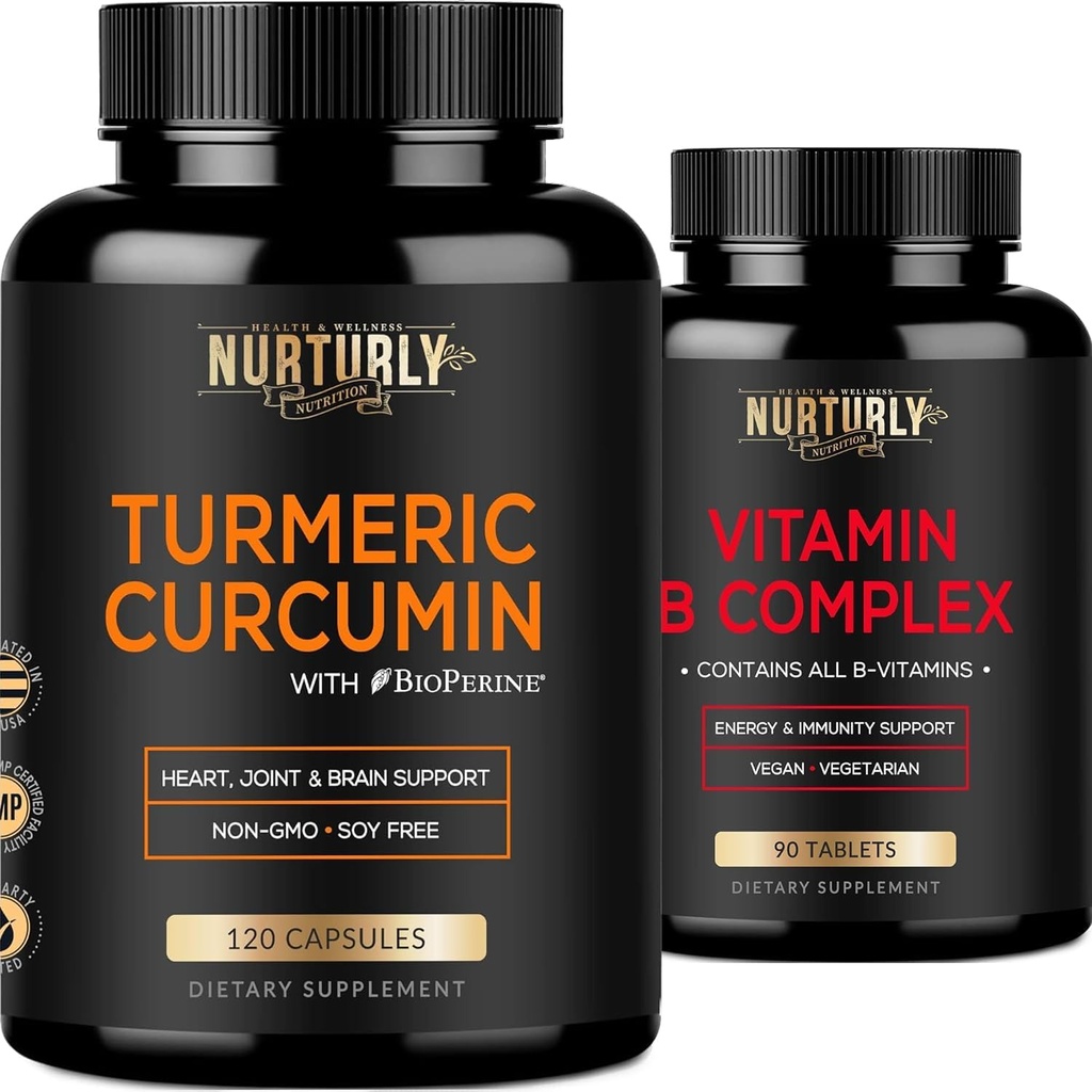 Vitamín B komplex a kurkumín kurkumín - obsahuje všetky esenciálne B vitamíny - B1, B2, B3, B5, B6, B7, B9, B12 a biotín - vysoko absorpčné Turkumínové doplnky 1300mg pre kĺby, zdravie srdca