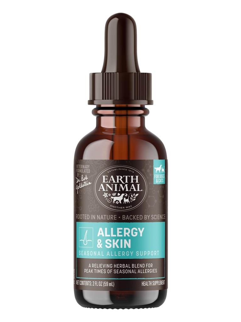 Earth Animal Apothecary Liquid Supplement - Alergia a kožné bylinné prostriedky pre psy a mačky - 2 fl oz