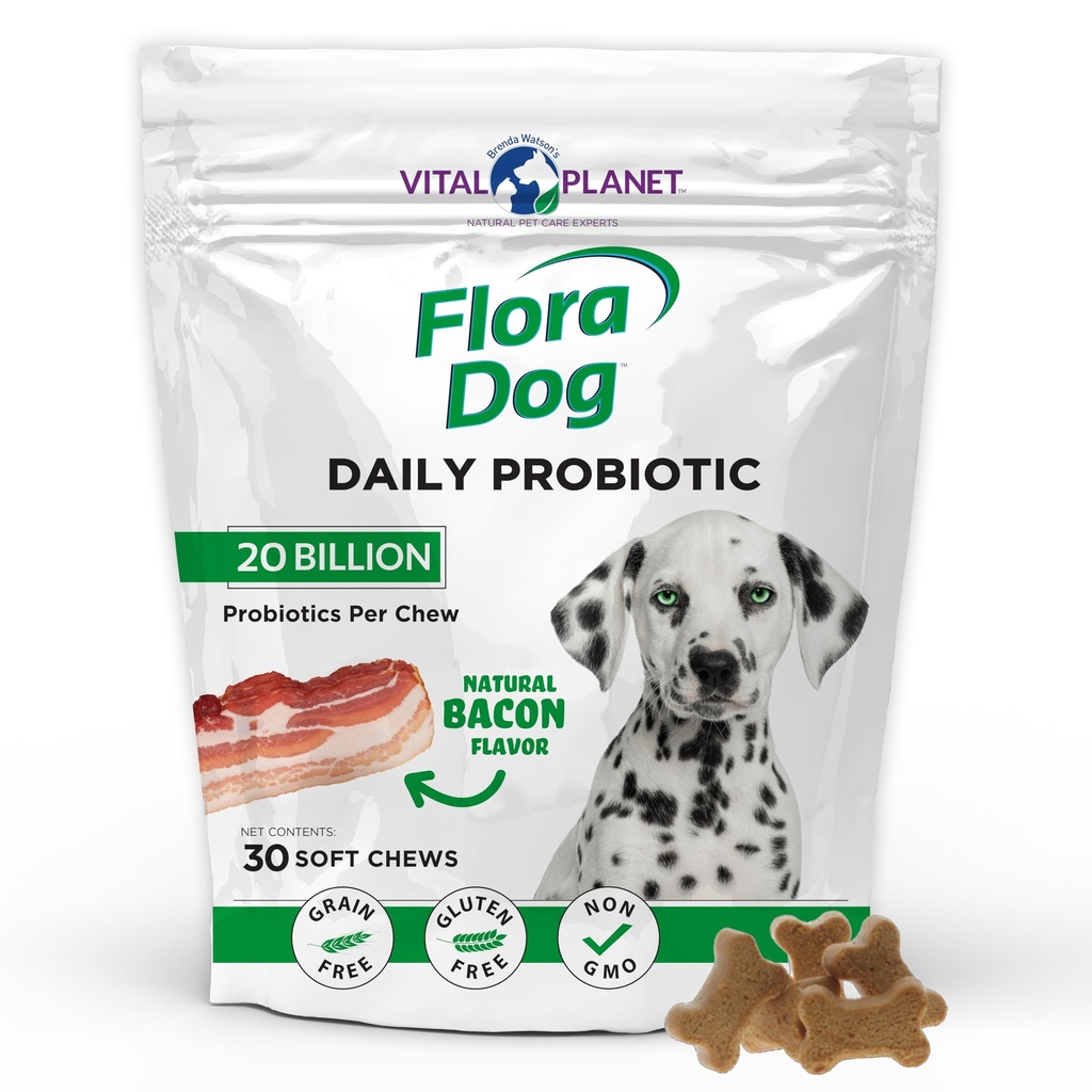 Vital Planet - Flora Dog Probiotiká, Psie žuvačky Supplement with 20 Million Cultures and 11 Kmene, Immune and Digestive Support Chewable Probiotics for Psy, 30 Natural Bacon Ochutené mäkké žuvačky