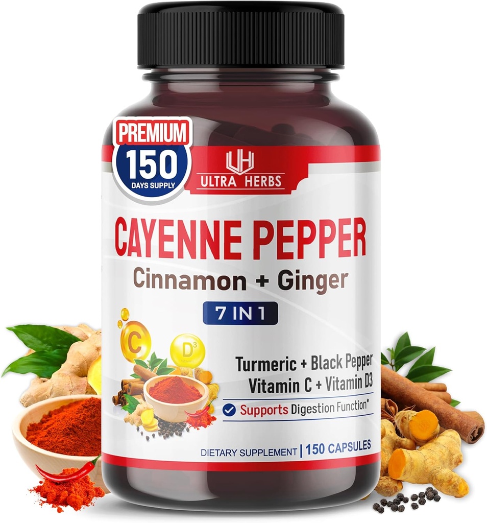 Cayenne Pepper 7 v 1 - - s zázvorom, kurkuma, škorica, čierne korenie - podporuje funkciu tráviaceho systému (150-dňový zdroj (Stock of 1))