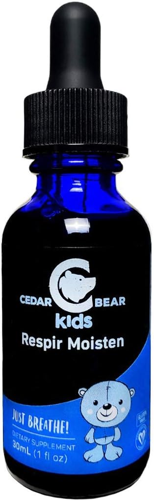 Cedar Bear Respire Moisten pre deti tekutý bylinný doplnok, ktorý hydratuje a upokojuje zavlažované dýchacie tkanivá a uľavuje príležitostné suché kašeľ 1 Fl Oz