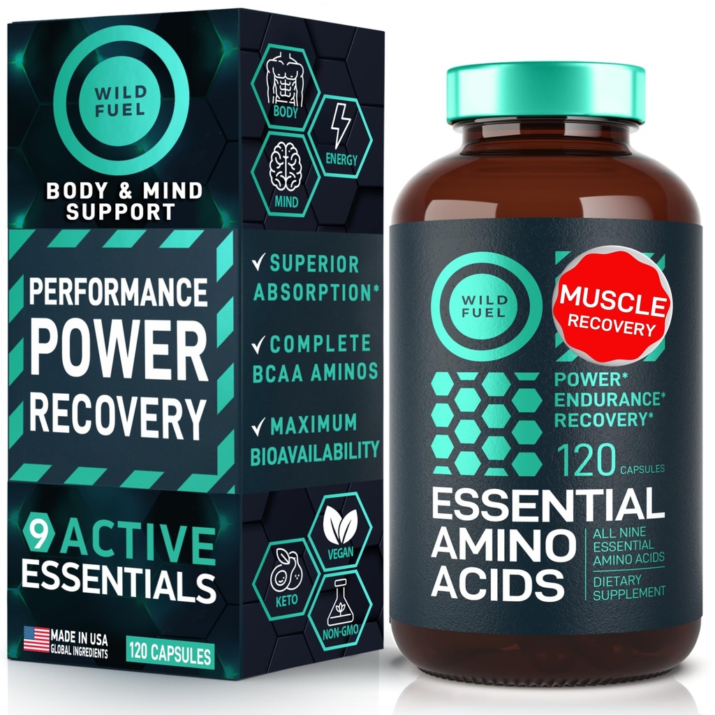 Essential Amino Acides Supplement - All 9 EAAs with BCAAs Amino Acides (Leucín, Lyzín, Valín, Treonín) - 3000mg Per Serving - svalový rast, Power, Recovery - 120 Vegan, Kofeín Bez kapsúl
