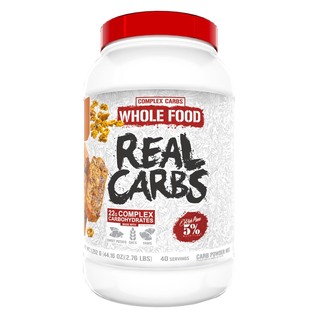 5% Nutrition Rich Piana Real Carbs with Real Food Complex Carb Powder, Long-lasing Low Glycemic Energy for Pre-Workout/Post-Workout Recovery Meal, 2.7 Lb, 40 Servings (Banana Nut Chlieb)