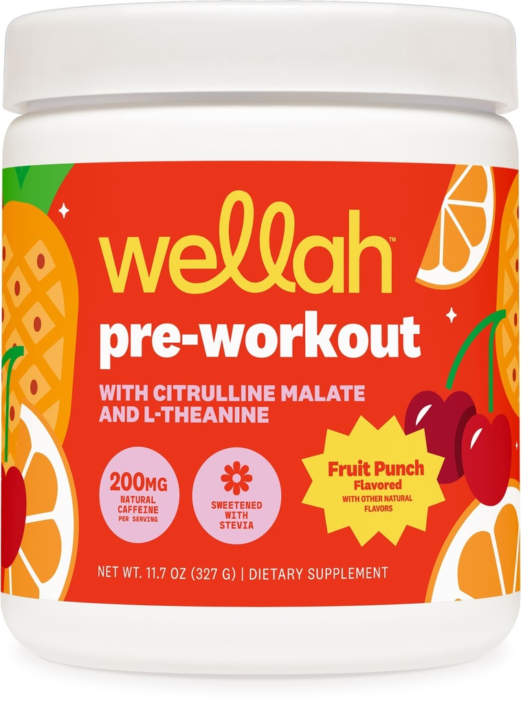 Wellah pre-práce nápoj Mix (Ovocné Punch Ochutené, 30 Servings) - s Citrulline Malate a L-Theanine, 200 mg prírodného kofeínu & 1000 mg Beta-Alanínu