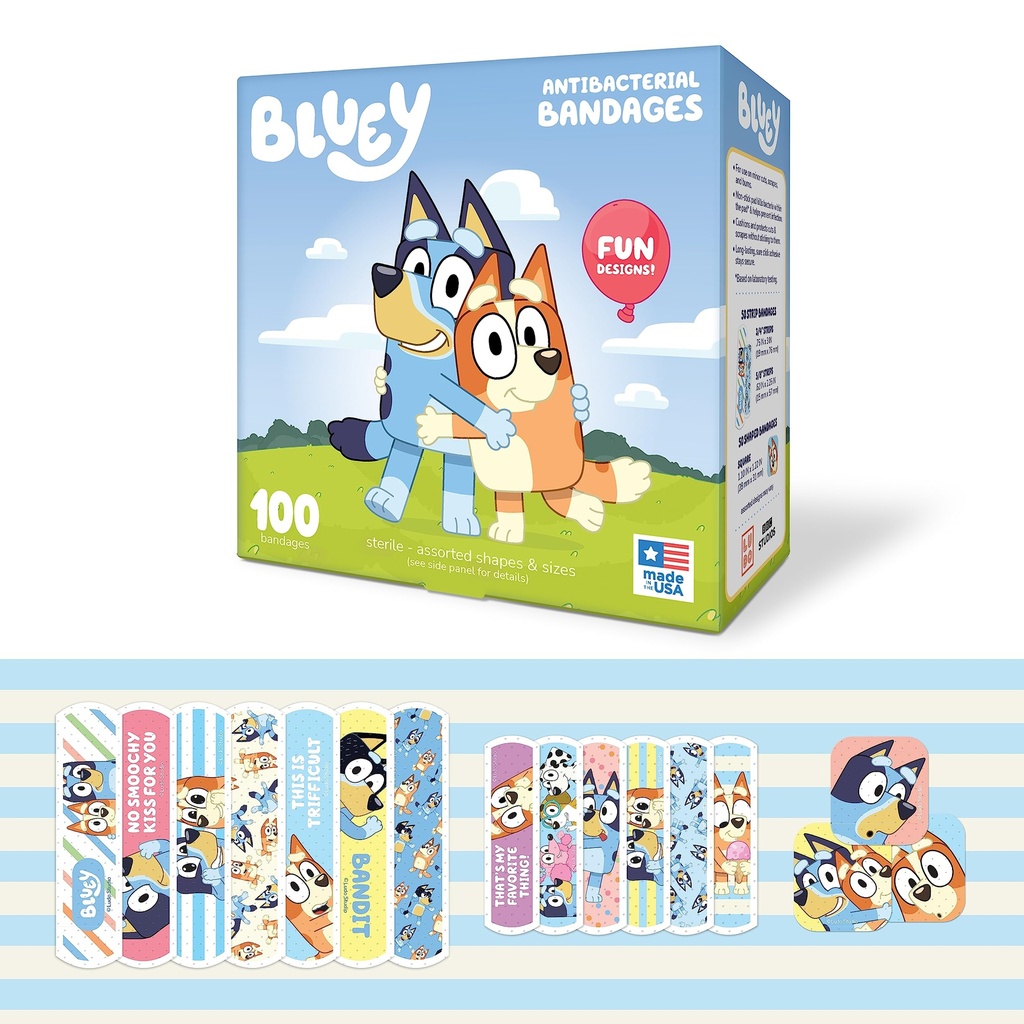 Bluey Kids Bandáže, 3 Rôzne veľkosti 100 CT  Skvelý darček nápad a pančuchy Stuffer