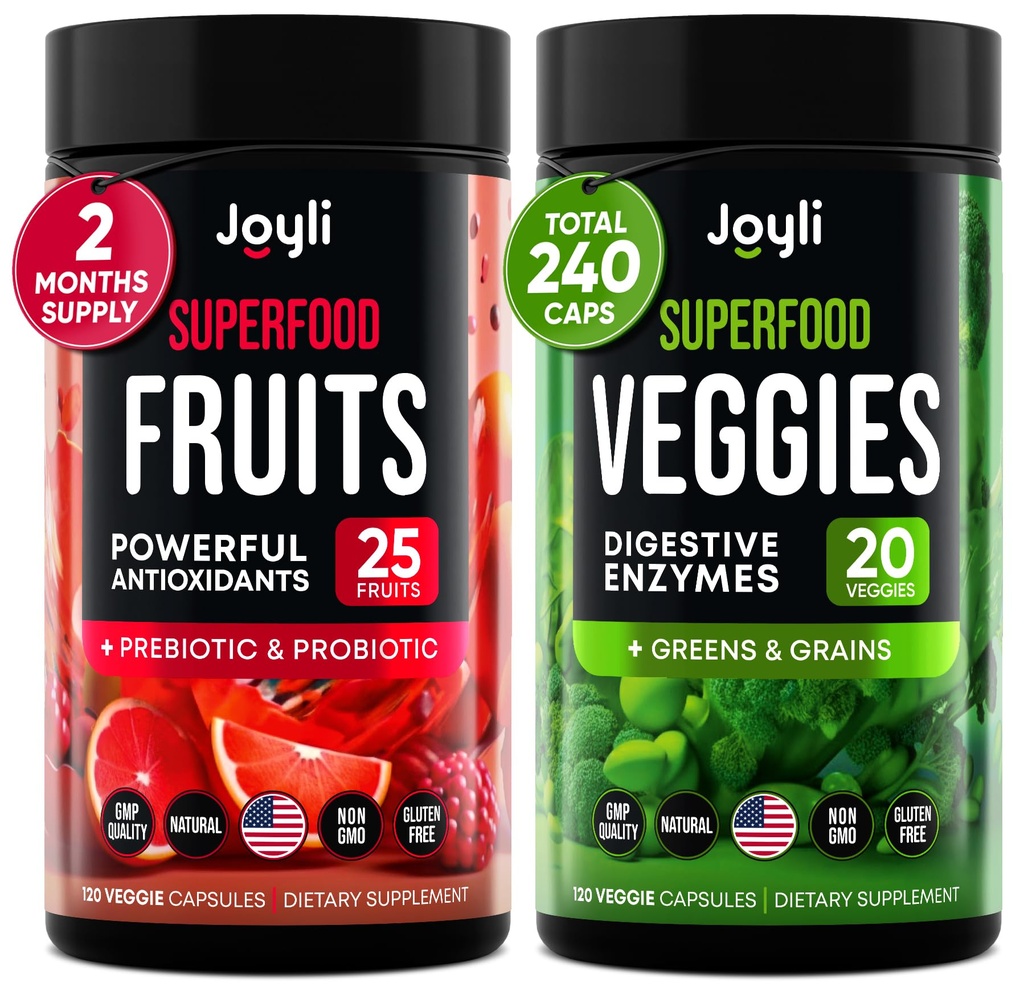 Ovocie a zelenina Supplement - High Fiber Supplement for Imunity, Gut & Energy - Super Reds & Super Greens Supplements with Marshmallow Root - 240 Reds and Super Greens Powder Superfood Capsules