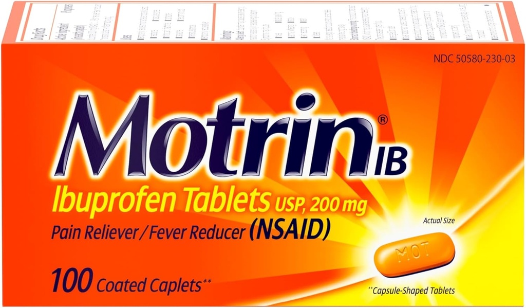 Motrin IB, Ibuprofen 200 mg tablety, bolesť Reliyver a horúčka Redukcia bolesti svalov, bolesti hlavy, bolesti chrbta, Menstrual Cramps & Minor Artritída Bolesť, NSAID, 100 Ct
