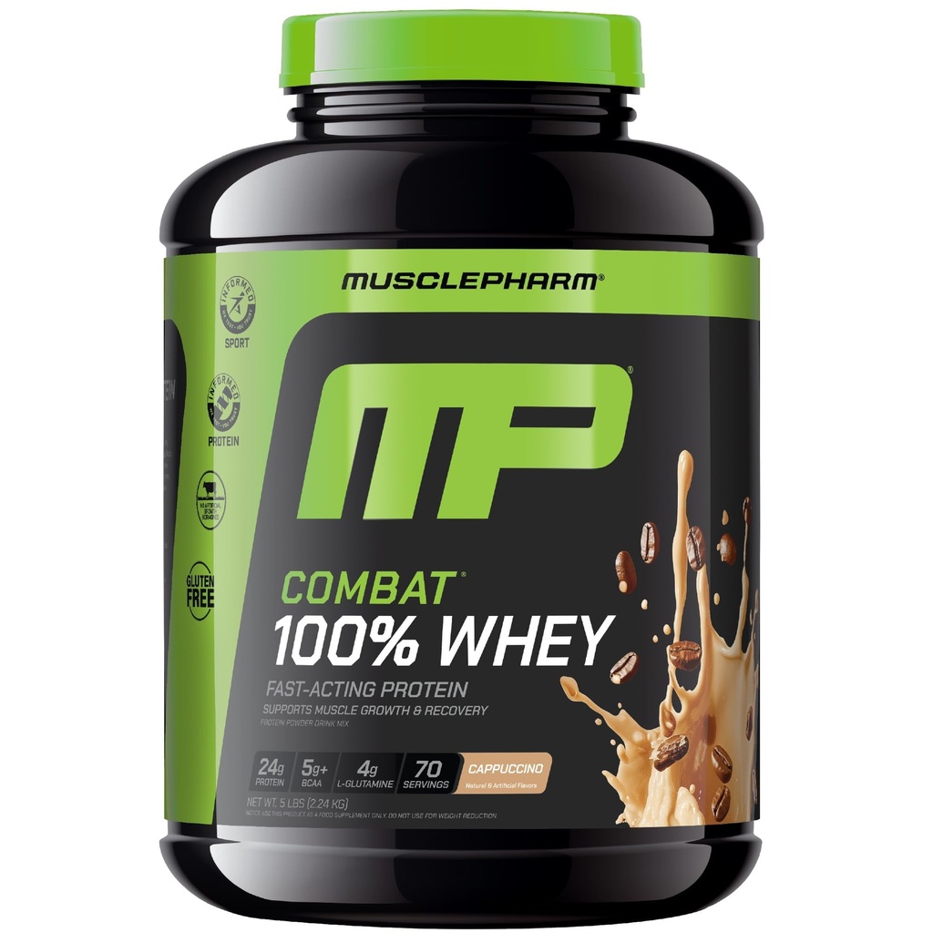 MusclePharm Combat 100% Srvátkový Protein Powder, Cappuccino Flavor, Fast Recovery & Muscle Gain with Whey Protein Isolát, High Protein Powder for Women & Muži, Gluten Free, 5 LB, 70 Servisov