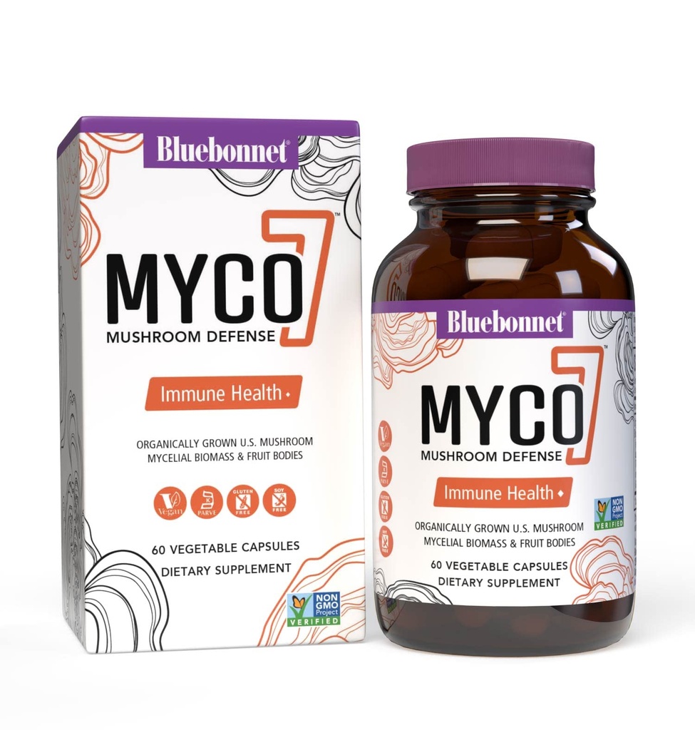 BlueBonnet Nutrition Myco-7 Mushroom Defense 7 Organicly Grown U.S. Whole, Full-Cycle Hugs 