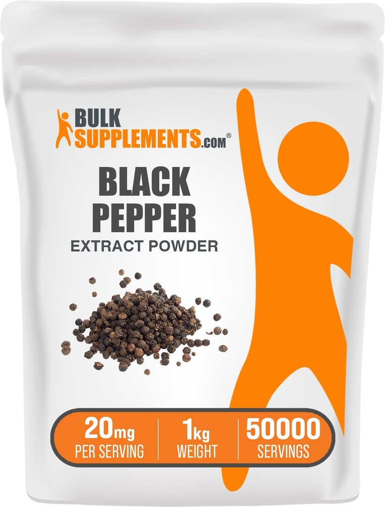 BulkSupplements.com Black Pepper Extract Powder - Black Pepper Supplements, Piperine Supplements - Vegan & Gluten Free, 20mg per Serving, 1kg (2,2 lbs) (Pack of 1)