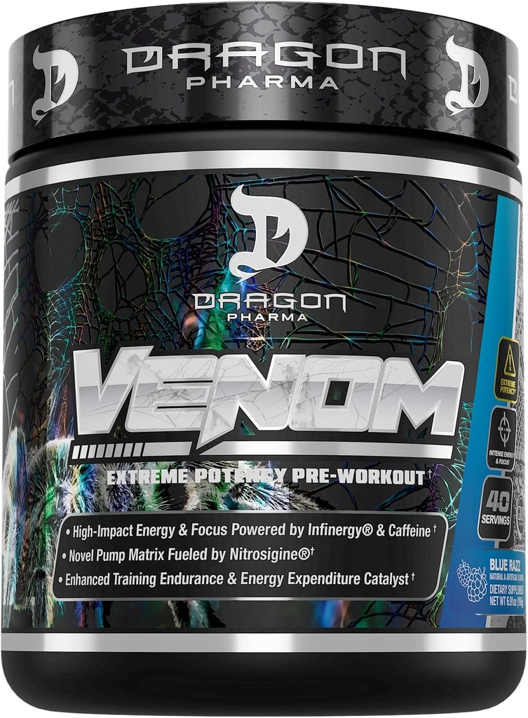 DRAGON PHARMA Venom Extreme Potency Pre-Workout, Laser Sharp Focus + Energy, Intense Performance, Osvedčené zložky pre vylepšenú vazodilatáciu a vytrvalosť (40 Servings, Blue Raspberry)