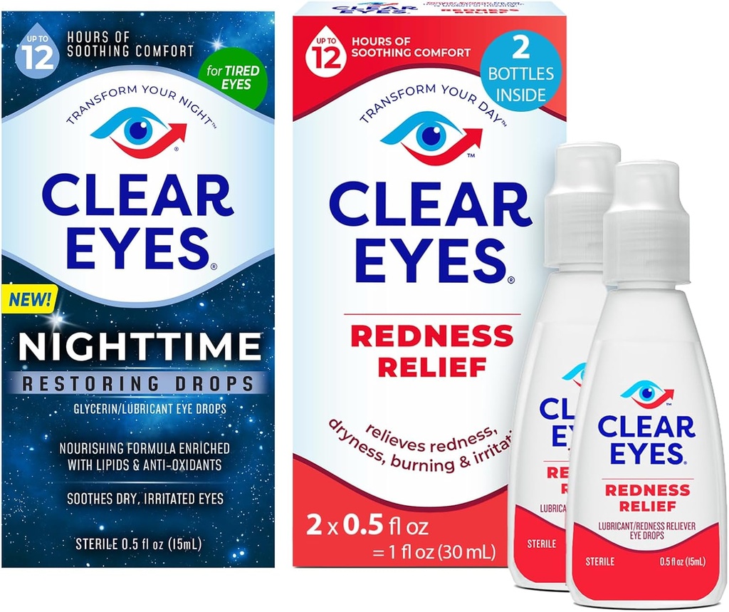 Bundle of Clear Eyes Nighttime Restorian Eyes Drops, Nighttime Relief Dry Eye Drops, 0,5 Fl Oz + Clear Eyes Redness Relief Eye Drops, 0,5 oz, Dual Pack