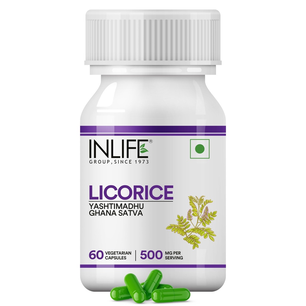 Inlife Licorice Root Extract (Yastimadhu) Štandardizovaný na >20% Glycyrrhizinovej kyseliny Supplement, 500 mg - 60 Vegetariánskych kapsúl