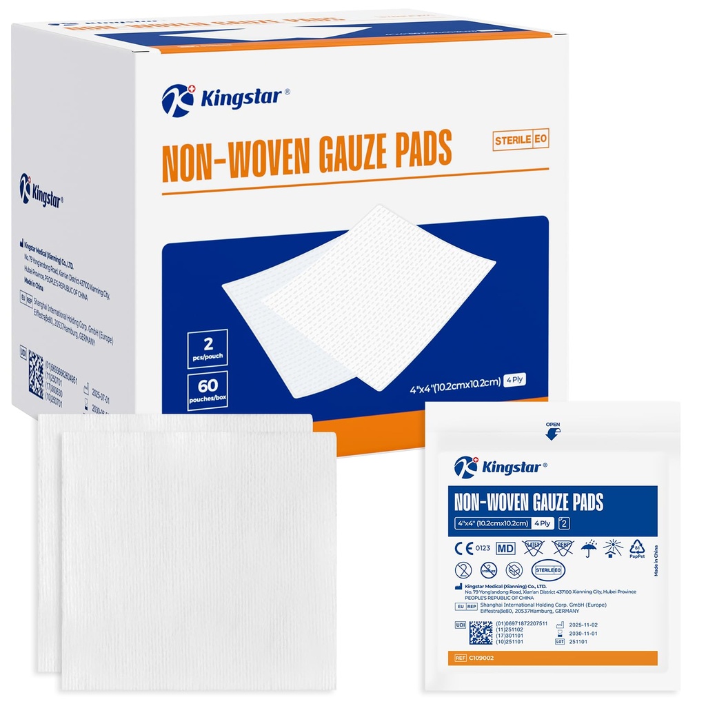 Kingstar Sterilné Netkané Gauze Pads, 4"x 4" Obliekanie na rane, 60 balení - 120 kusov Mäkké Sponge Pads, Vyššie Absorbent Gauze Compress for Trauma alebo Post-Operative Wound Care