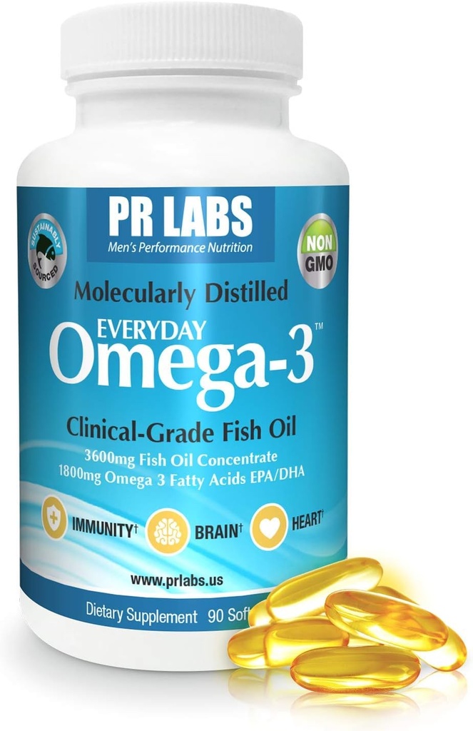 PR Labs - Každý deň Omega-3 Fish Oil Supplement klinickej triedy pre mužov - Podporuje srdce, mozog, imunitné a spoločné podpory - Udržateľne Zdroj a molekulárne destilovaná - 1800mg EPA a DHA - 1 balenie
