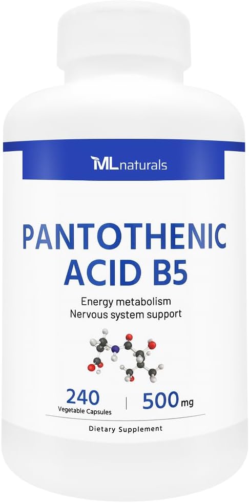 ML Naturals Kyselina pantoténová B5 240 Rastlinné kapsuly. Metabolizmus energie, podpora nervového systému, NSF-Certifikované a cGMP-Compliant