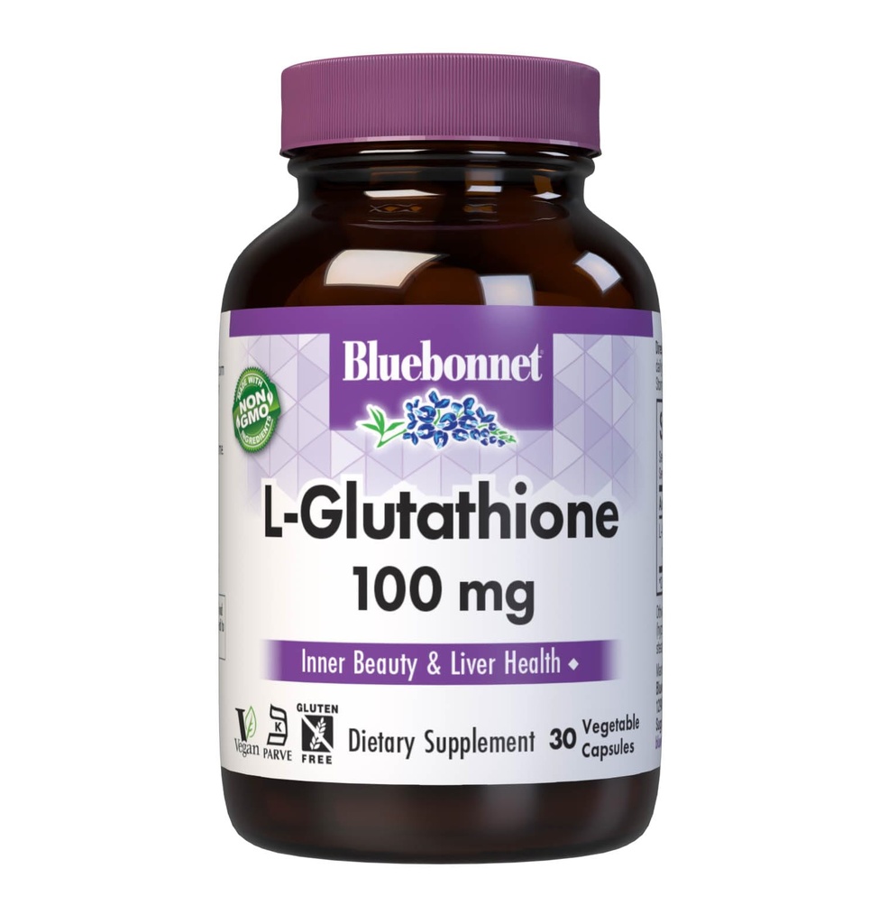 Bluebonnet Nutrition L-Glutatión 100mg, Free-Form Amino Acid, for Free Radical Protection, Soy-Free, Gluten-Free, Non-GMO, Kosher Certified, Vegan, 30 Rastlinné kapsule, 30 Servings