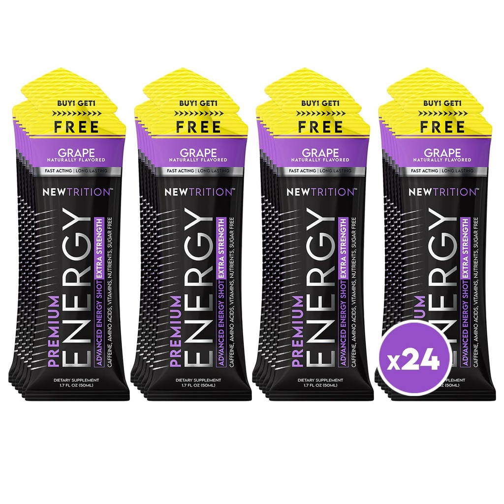 NewTrition® Extra Strength Energy Shots, 250mg Kofeín Energy Shots with Vitamin B & Amino Acides, Sugar-free Vitamin Energy Shot, 1.7 fl oz (Pack of 24, Grape)