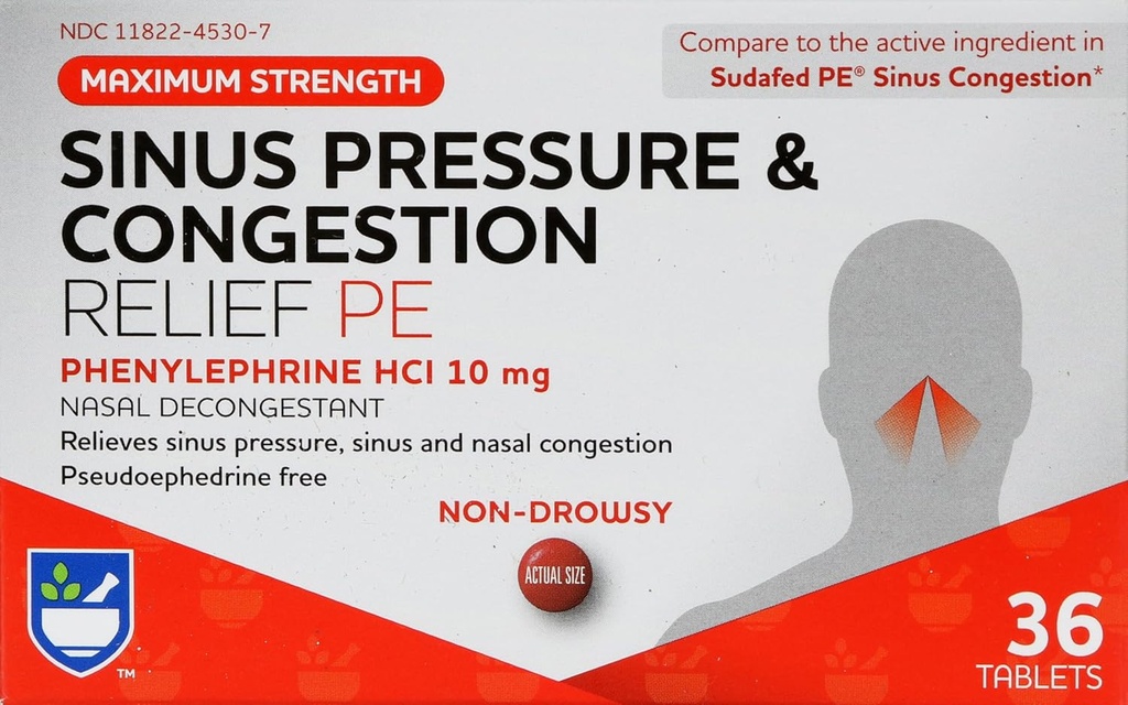 Rite Aid Sinus Pressure and Congestion Non-Drowsy Relief PE, 10mg - 36 Tablets Nasal Decongestant 