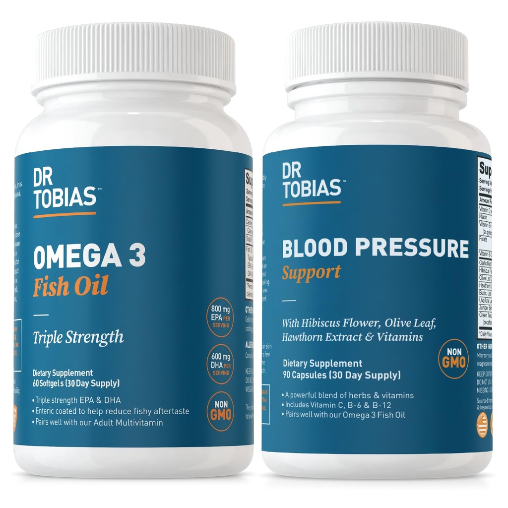 Dr. Tobias Omega 3 Fish Oil & Blood Pressure Suplements for Heart, Brain, Immune, Circultory Health, with Vitamin C, B6, B12, Niacin, Folát & Herbs