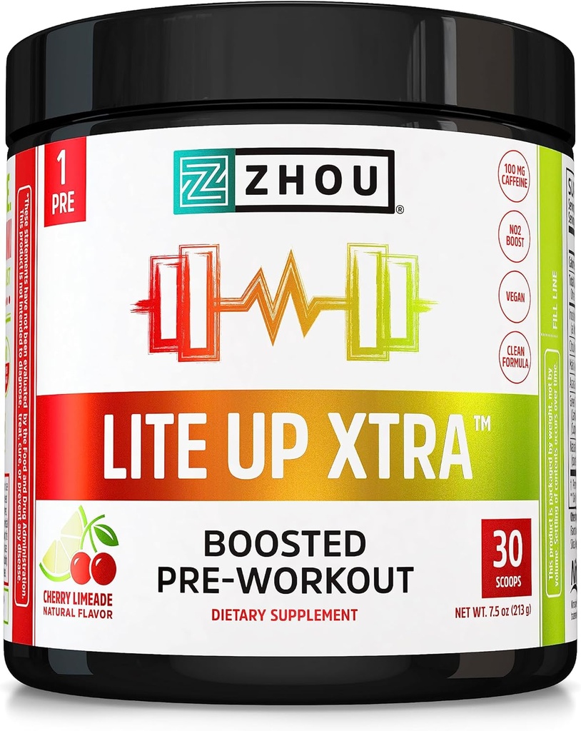 Zhou Lite Up Xtra - Sugar Free Pre Cvičenie prášok pre ženy a mužov, Preworkout Supplement with Caffeine for Clean Energy, Amino Acid Support, Hydrate & Focus, Plant Based - 30 Scoops