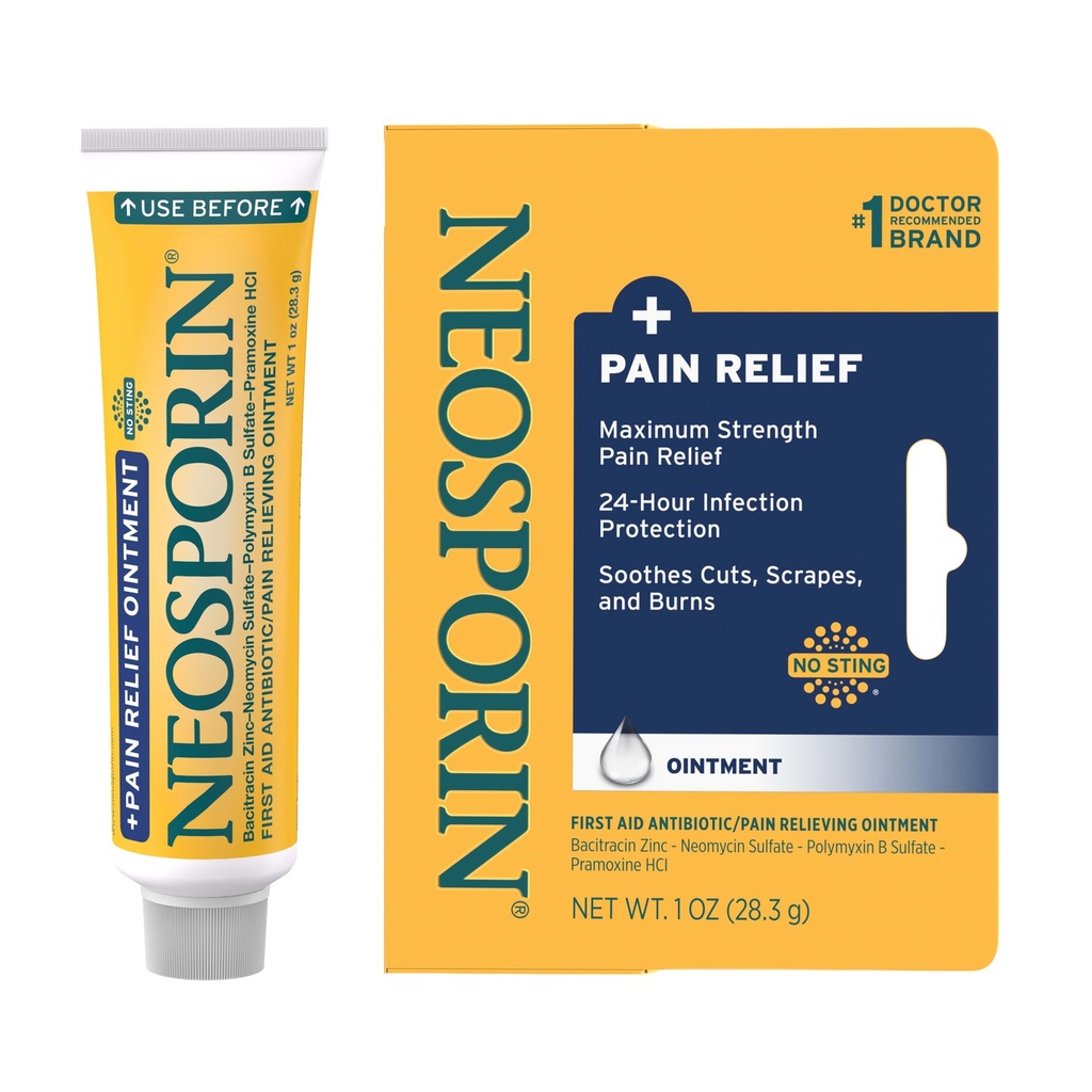 Neosporín + Maximálna pevnosť Triple Antibiotická Masť s úľavou od bolesti, Dual Action First Action Wound Care, No-Sting Formula s Pramoxine HCl, Bacitracín Zinok, 1 oz Single Tube