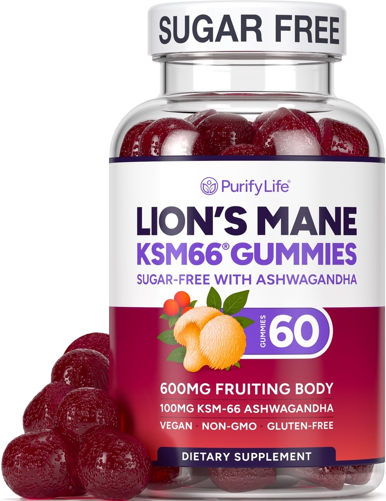 Supplement Lions Free Mane Gummies with KSM-66 Ashwagandha - Nootropic Supplement for Cognition, Mozog hmla, Mental Clarity, Focus & Stress Support - Natural Berry Flavor, Vegan, Made in USA
