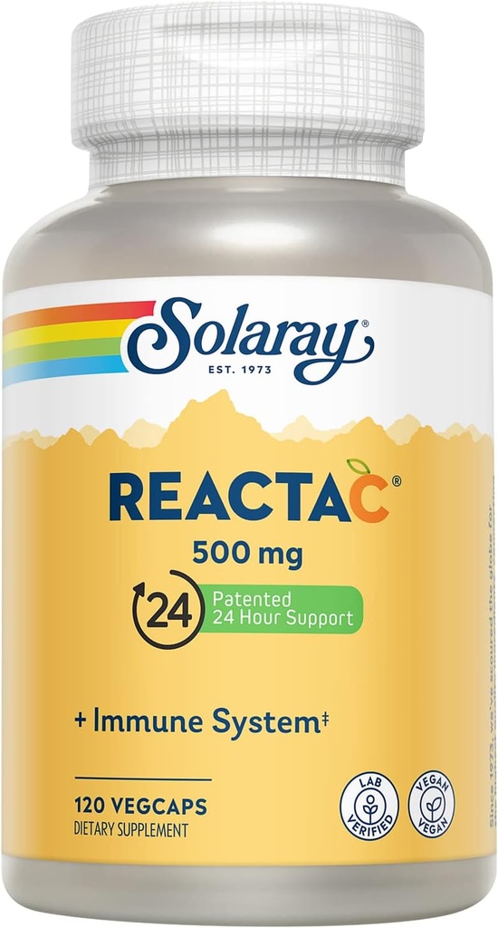 SOLARAY Reacta-C with 500mg Vitamin C, 200mg Bioflavonoid Concentrate, Immune System Defense Vitamins, Patented 24 Hour Immunity Booster Support Supplement, Vegan, 120 Capsules, 120 Servings.