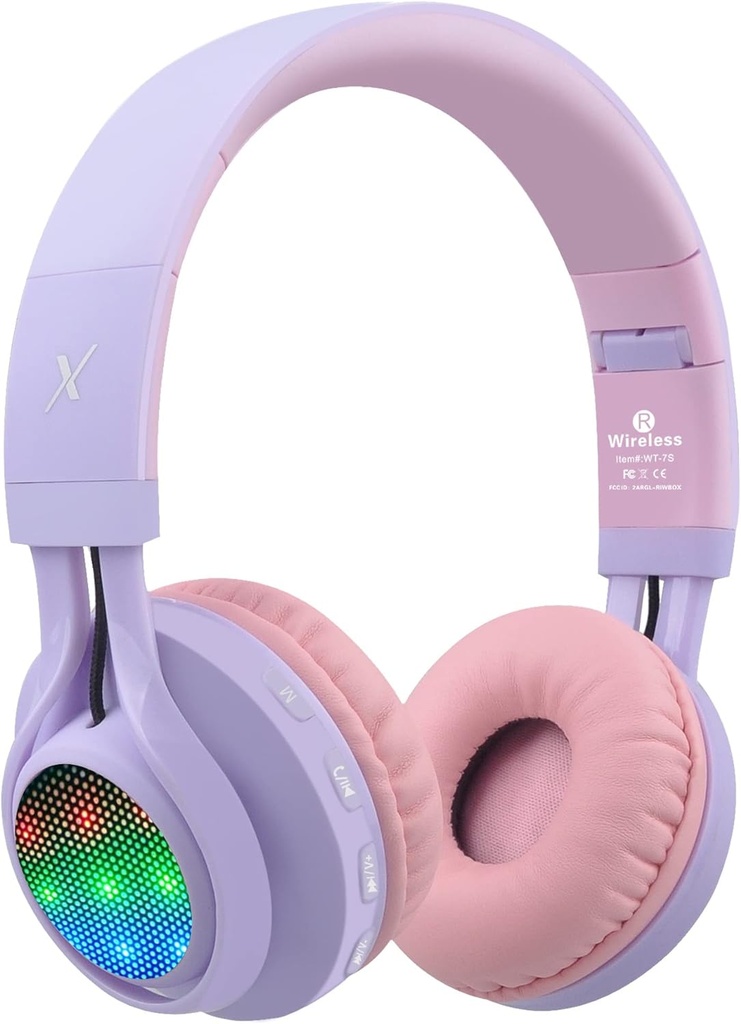 Riwbox WT-7S Deti Bluetooth Slúchadlá Up, Bezdrôtová bezdrôtová súprava s skladateľným steroidom s mikrofónom a ovládaním hlasitosti, pohodlné a trvanlivé, pre PC/Tablet/TV/Travel (Purple)