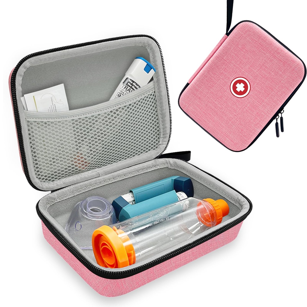 Hard Inhaler Spacer Case pre deti a dospelých, Astma Inhaler Case with Mesh Pocket for Medicine and Other Accessories, Pink (iba Bag)