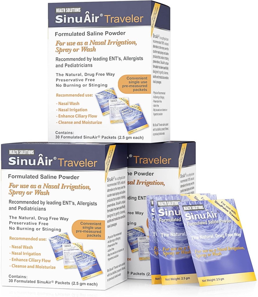 SinuAir 2,5 Gram Saline Pakets - Chlorid sodný s draslíkom a vápnikom, Soľný roztok Prášok Náplne balenia pre zavlažovanie nosa stroj, 90 paketov