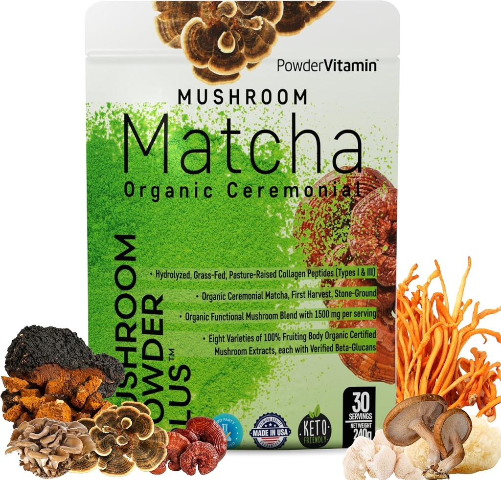 Powdervitamin Organic cermonial Mushrom Matcha Certified Pesticides-Fed Collagen Types I & III 8 Plodové telové huby testované na beta-Glucans Focus Digestion & Imunity 30 Servings