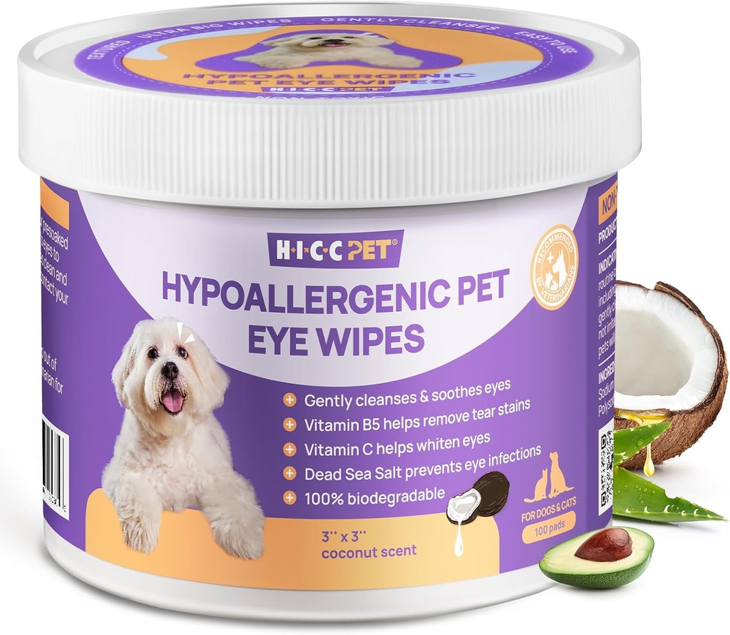 HICC PET Eyes Wipes for Psy & Mačky, Vet-Recommended Psie infekcie liečba, jemne odstrániť tear Stain, Debris, výtok - Hypoalergénne domáce domáce očné umývanie oči, vrásky, tvár - 100ks