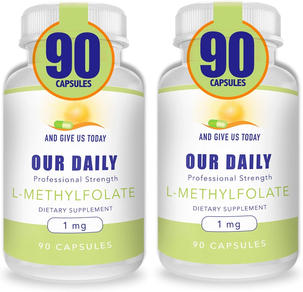 Naše denné Vites L-metylfolát 1mg / 1000 mcg Maximálna sila aktívny folát, 5-MTHF, Filler Free, Gluten Free, non-GMO, Vegetariánske kapsule 90 Počet (Stock of 2)