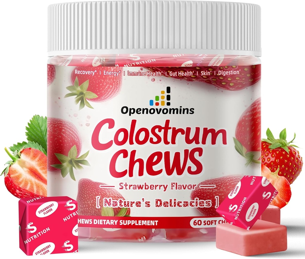 Bovine Colostrum Soft Chews Supplement with probiotiká for Gut Health, Bloating, Immune Support, Koža, rast vlasov a krásy - Jahodová chuť (60 porcií)