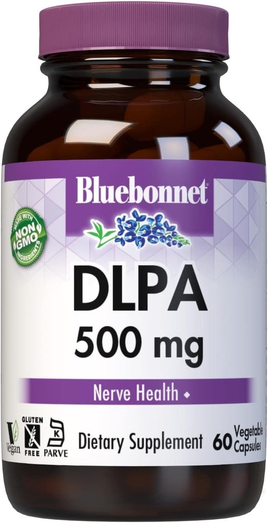 Bluebonnet Nutrition DLPA (DL-Fenylalanín) 500mg, Free-Form Amino Acid, for Nervisive System Support, Soy-Free, Gluten-Free, Non-GMO, Kosher, Vegan, 60 Rastlinné kapsuly