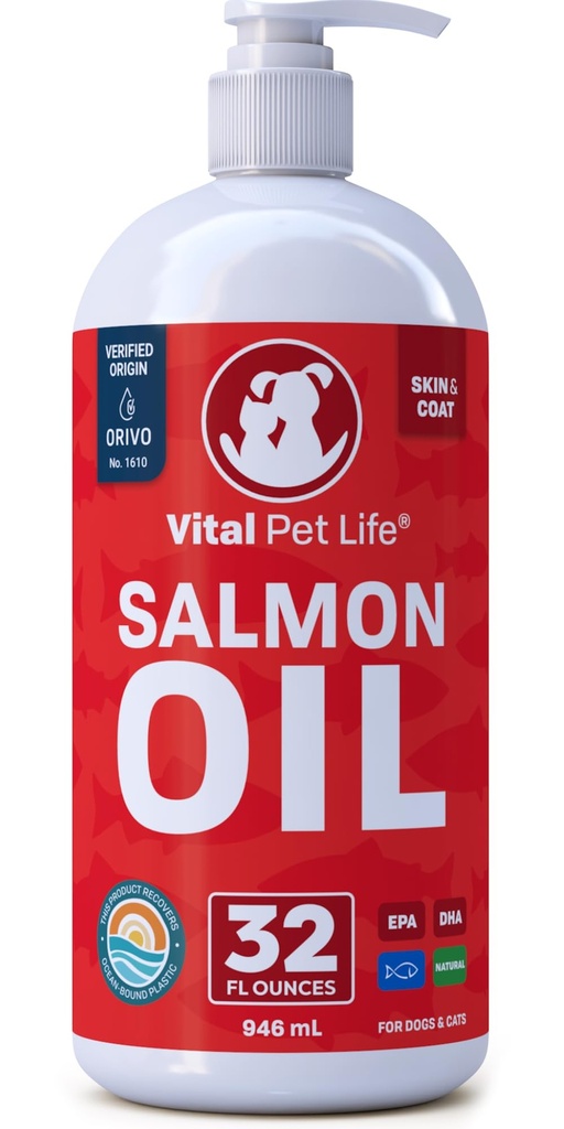 Lososový olej pre psy a mačky - Zdravá koža a koža, Rybí olej, Omega 3 EPA DHA, Liquid Food Supplement pre domáce zvieratá, Všetky prírodné, podporuje spoločné a kostné zdravie, prírodné alergie a zápal obrany, 32 oz