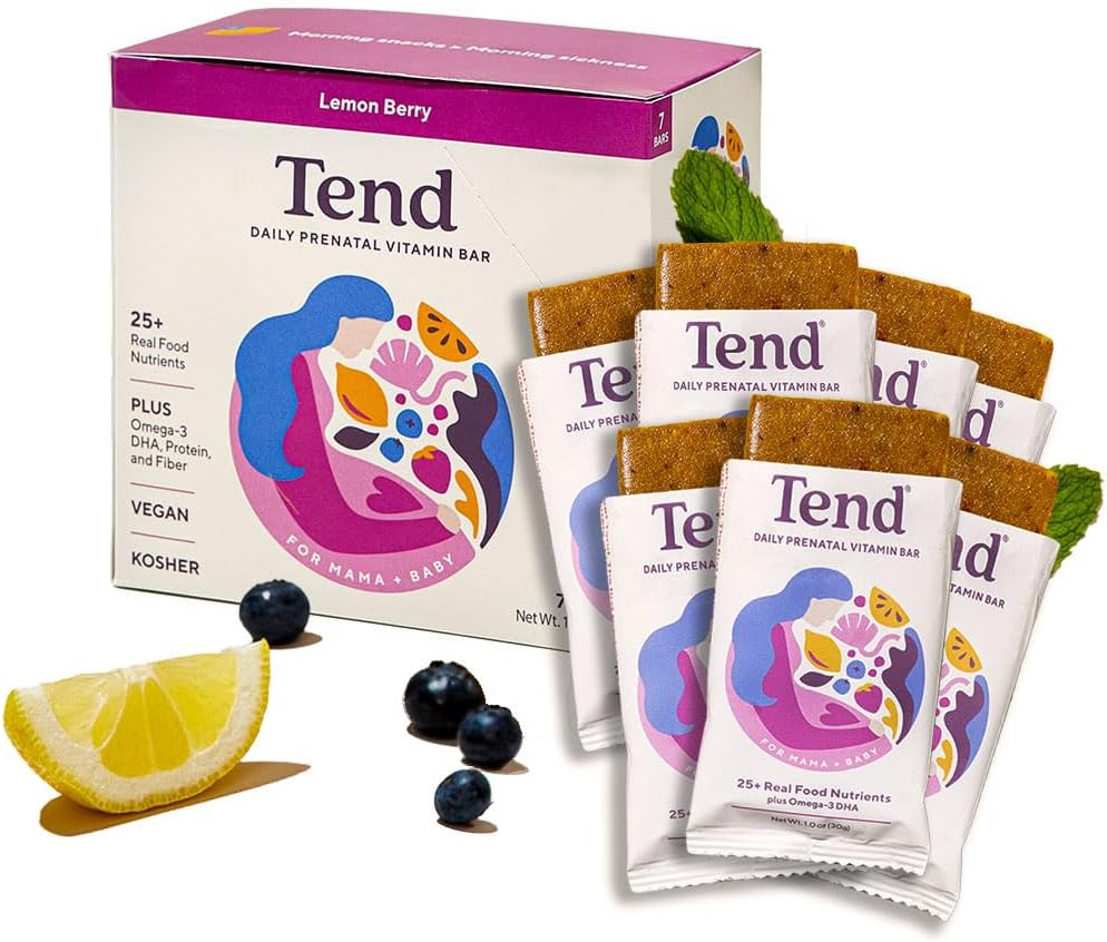 Tend Daily Best Prenatálny vitamín bar, vyrobený s organickými zložkami pre tehotné a popôrodné matky, zahŕňa DHA, vitamín D, B, cholín, folát - citrón Berry (7ct)