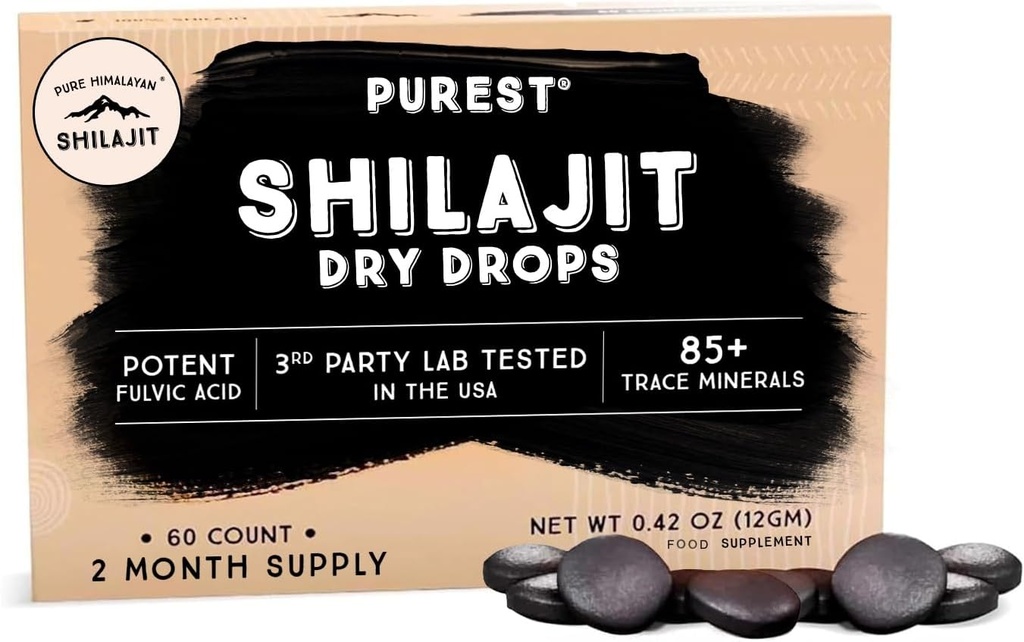 Pure Himalayan Shilajit Dry Drops, 100% Pure Natural Shilajit, Grade A, Max Potency 85+ Clean Trace Minerals & Fulvic Acid for Energy, Metabolizmus & Immune Suplement for Men & Women (60 tabs)