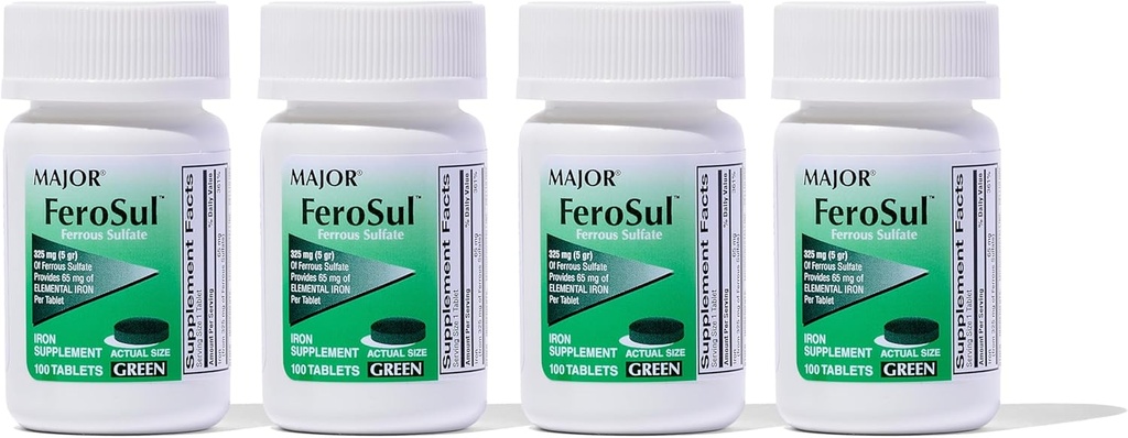 Major Ferosul - Ferrous Sulfate 325 mg tablety s 65 mg elementárneho železa - železo doplnok pre ženy, muži - zelená - 100 počet (4 balenia)