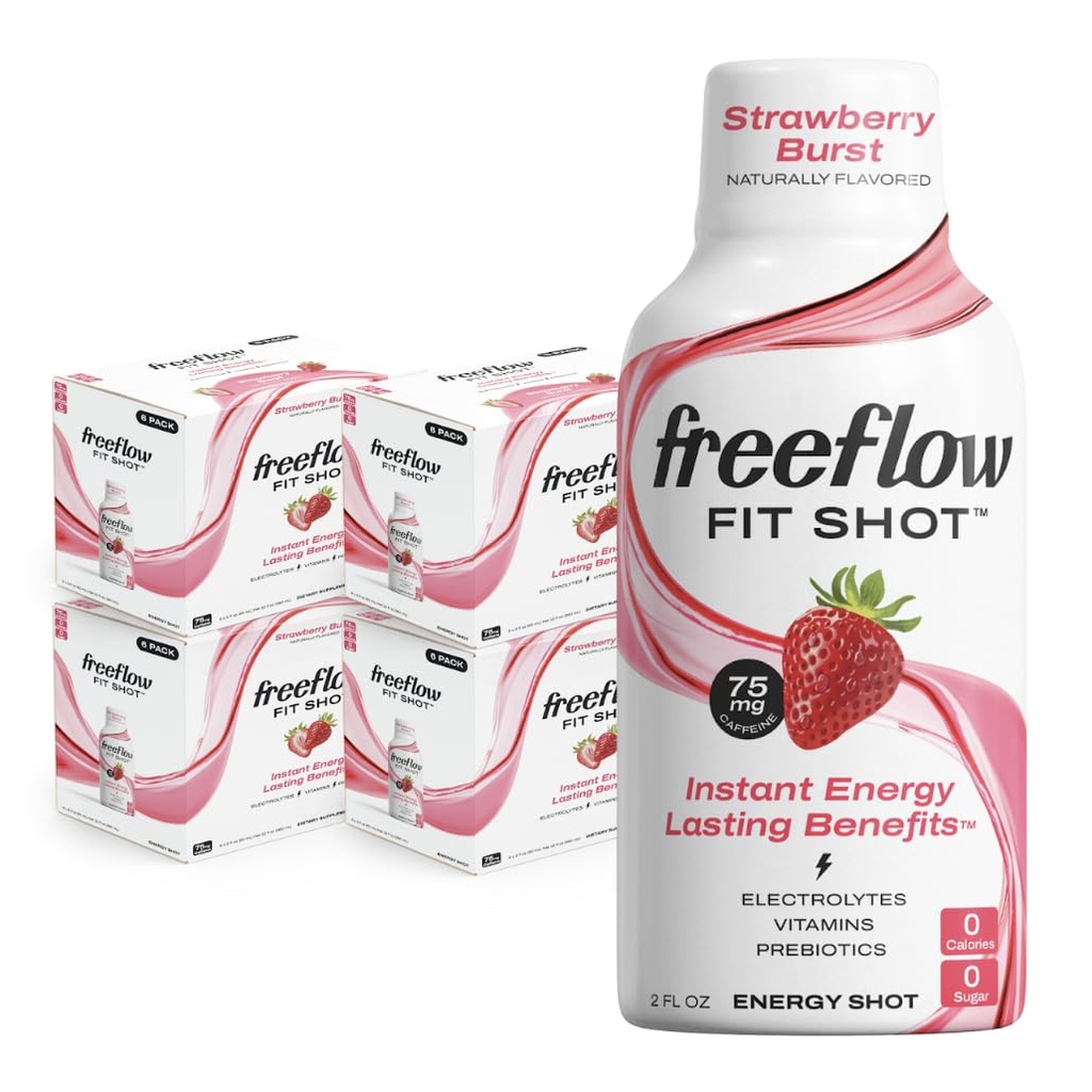 Freeflow Fit Energy Shots, Strawberry Burst, Natural Caffeine Boost s L-teanínom, Ženšen, Vitamíny, Prebiotiká, Elektrolyty (24 počet, 2oz Shots)