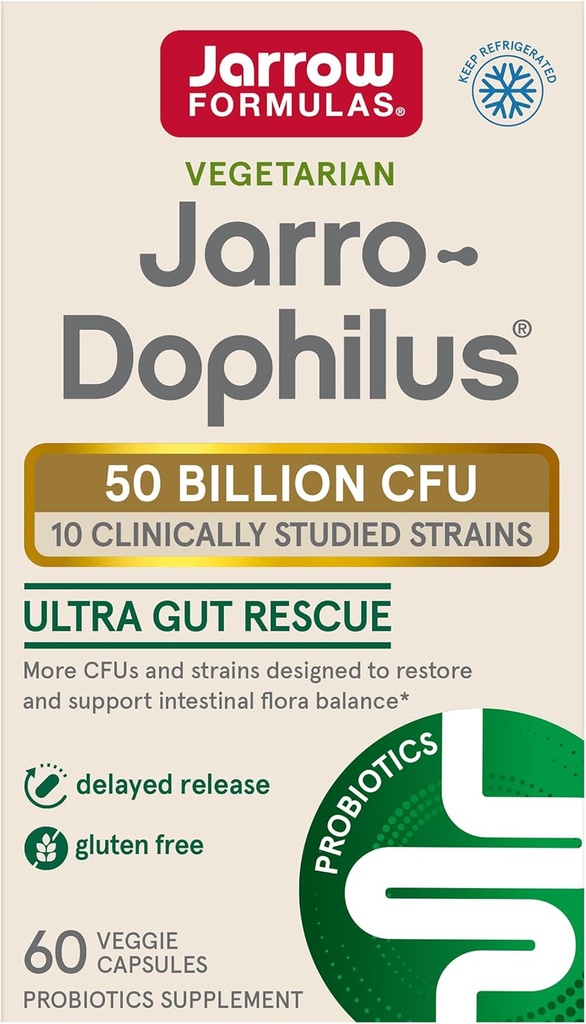 Jarrow Formuly Jarro-Dophilus Ultra - 50 miliárd životaschopných organizmov za službu - 60 oneskorené vydanie Veggie Caps - obnovuje, chráni a udržuje intestinálne kvetiny - 60 Servíruje