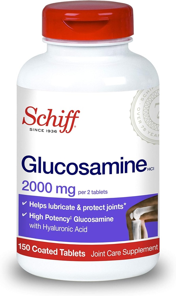 Schiff Glucosamine 2000 mg (per Serving) + tablety s kyselinou hyalurónovou (150 gróf vo fľaši), doplnková starostlivosť, ktorá pomáha podporovať spoločnú mobilitu a flexibilitu, podporuje štruktúru kartilage