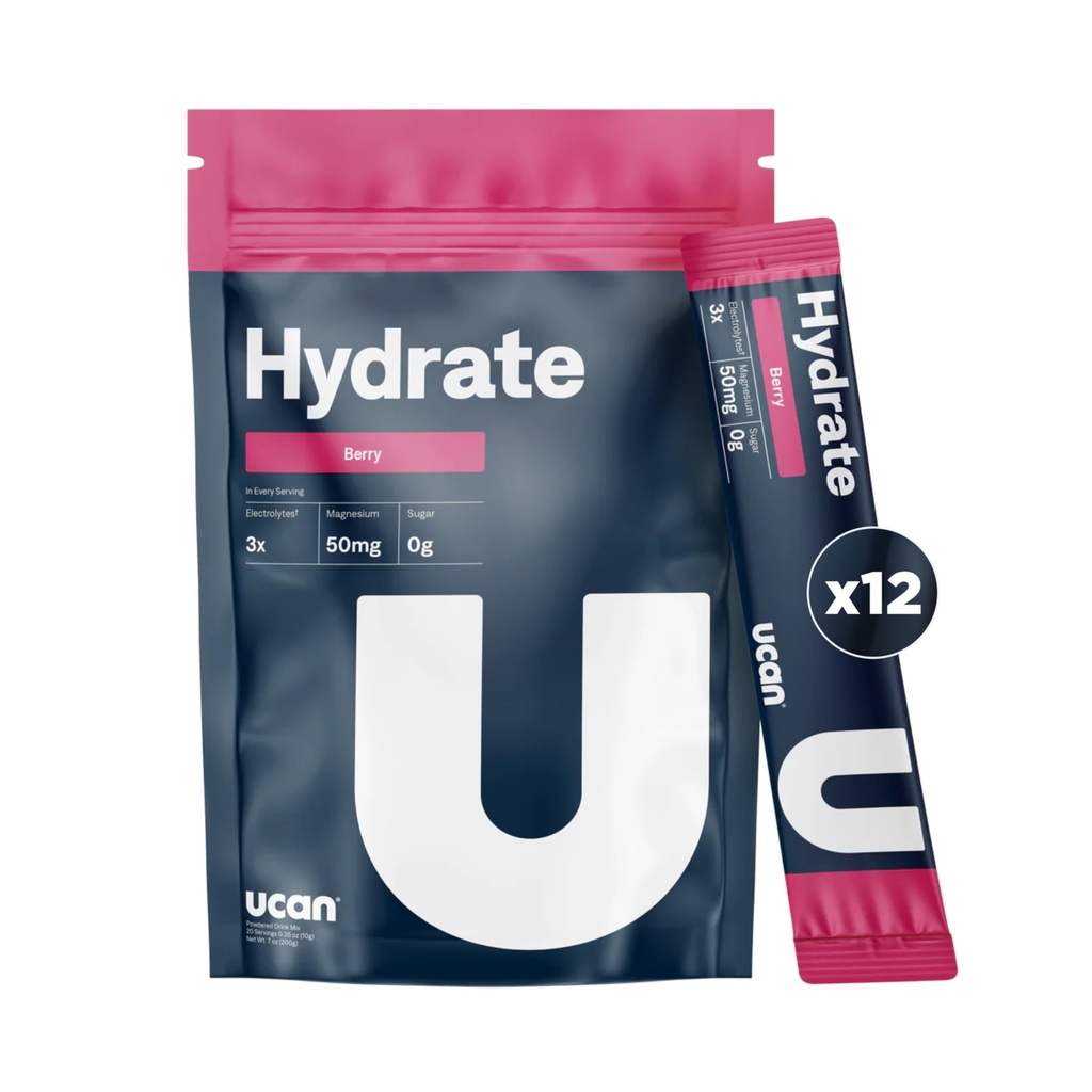 UCAN Hydrate Electrolyte Drink Mix (Berry, 12 Stickpacks) Bez cukru, Keto-Friendly, Vegan, Non-GMO, Gluten-Free Electrolyte prášok s draslíkom a horčíkom pre bežcov a športovcov